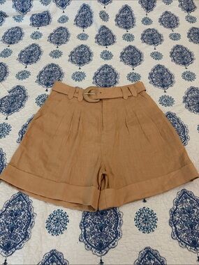 NWOT FARM Rio Tan High-Waist Belted Pleated Shorts